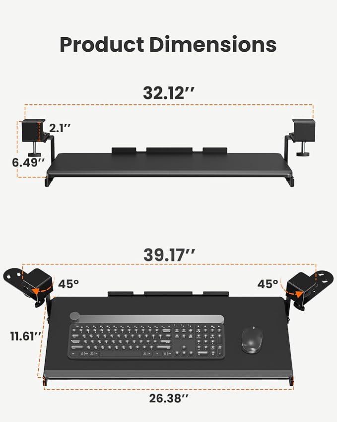 Ergear ErGear Keyboard Tray Under Desk, Corner Keyboard Tray with 45° Adjustable C Clamp for L Shaped Desk, Computer Keyboard & Mouse Tray Smooth Slide Out for Typing, 26.38'' W x 11.61'' D, Black