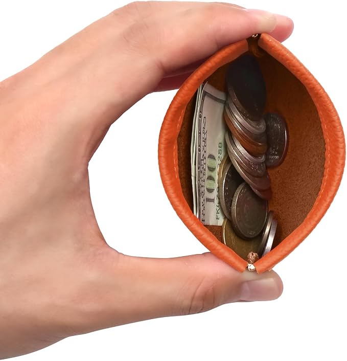 Genuine Leather Squeeze Coin Purse Pouch Change Holder For Men & Women Mini Change Purse Pouch for Pocket, Small Pouch Credit Card Key Headset Lipstick Holder (Orange)