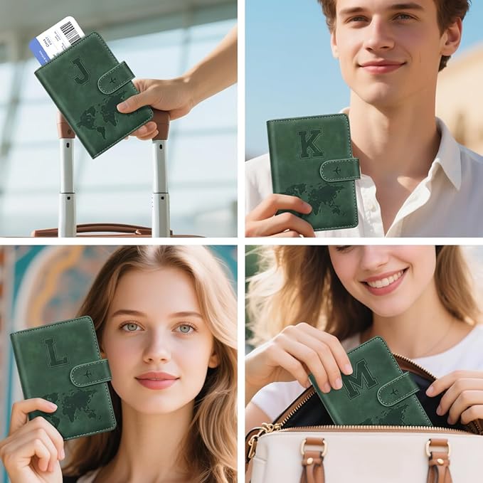 Personalized J Passport Holder Cover Initial Letter Travel Wallet RFID Blocking Passport Cover Credit Card Holder Case Passport Book Holders for Women and Men, Pine Green-J