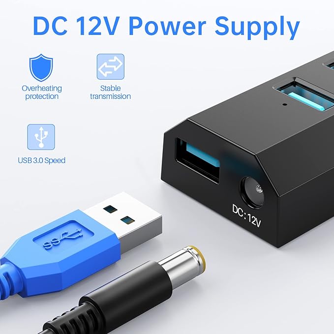 Powered USB Hub, Aiibe 8-Port USB Hub 3.0 Powered USB Splitter with 2 Fast Charging Ports + 12V/3A Power Adapter + USB 3.0 Cable, USB Hub Powered 36W Adapter for Laptop, Mac, PC, Mobile HDD (Black)