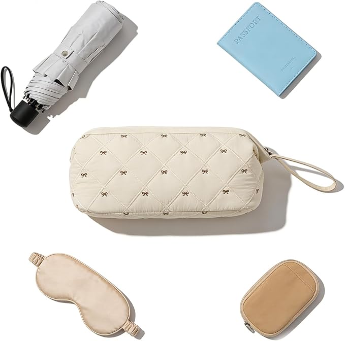 Stratalife Quilted Hair Tools Travel Bag with Polishing Cloth Compatible with Dyson Airwrap Shark Flex Style, Portable Toiletry Bag Hair Dryer Curling Iron Carrying Case Travel Essentials Beige Bow