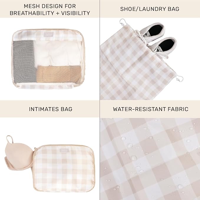 Jadyn Packing Cubes for Travel, 6-Piece Large Packing Cube Organizer Set for Suitcase, Duffel Bag, Luggage, Multiple Sizes Travel Essentials (Beige Gingham)