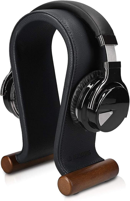 Navaris Omega Headphone Stand - Synthetic Leather Headset Hanger with Wood Base - Holder for Wired, Wireless, Gaming, DJ, Studio Headphones - Black