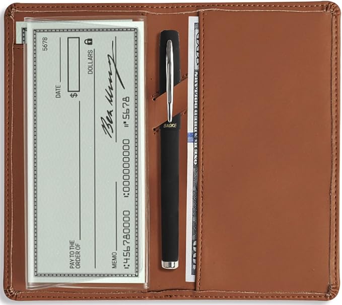 Sanlykate Leather Checkbook Cover for Men and Women, Check Book Case Card Holder with Free Divider, Standard Register Duplicate Checks with pen inserts