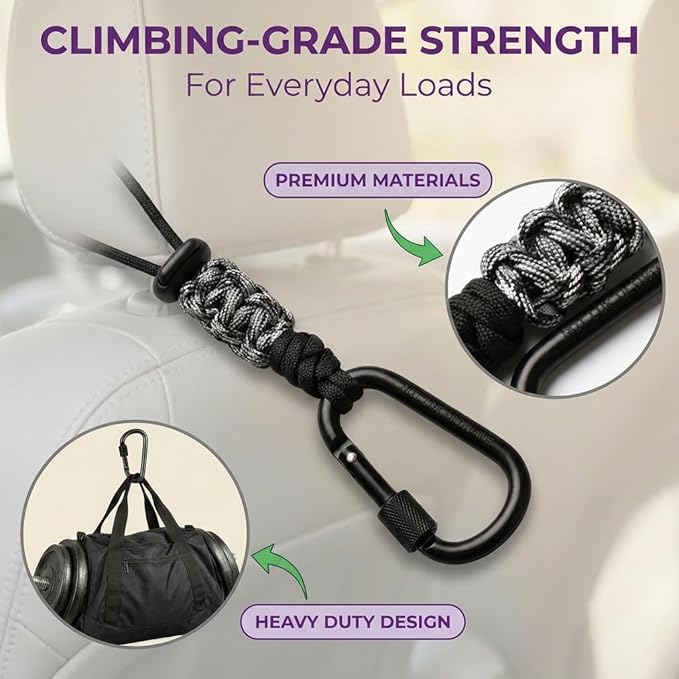 Car Seat Back Hooks 2 Pack - Heavy Duty Rope & Metal Buckle Car Hangers, No Wobble Multi-Purpose Organizer for Grocery Bags, Backpacks, Umbrellas, Trash Bags (Fit Most Vehicles) Black