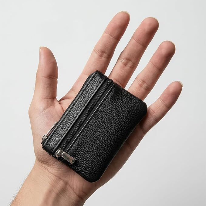 Hibate Small Leather Coin Purse Change Pouch for Women Men Kids with Zip Key Ring (Clip_Black)