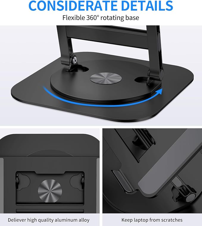 AOEVI Adjustable Laptop Stand with 360 Rotating Base, Stable Computer Stand for Laptop Ergonimic Foldable Laptop Riser for Desk Compatible with MacBook Pro/Air Notebook up to 16 Inches, Black