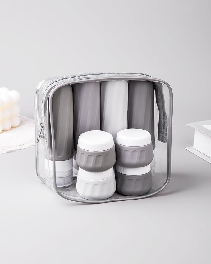 Mrsdry Travel Bottles for Toiletries 8 Pack, TSA Approved Travel Size Containers 3oz, Leak Proof Silicone Squeezable Creams Jars with Clear Travel Bag