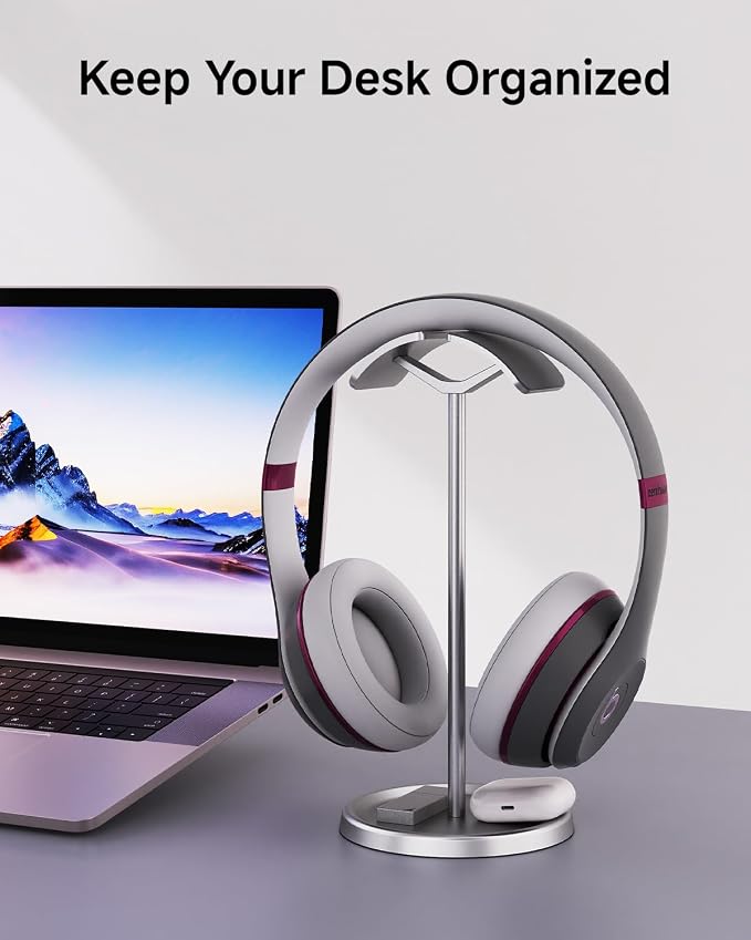 Headphone Stand for Desk, Aluminum Metal Gaming Headset Holder Hanger with Supporting Rod & Base, Headphone Stand for AirPods Max, AirPods Pro, Beats, Bose, Sennheiser, Sony and More - Silver