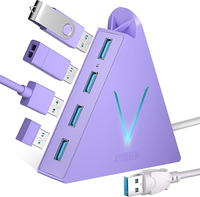 4-Port USB 3.0 Hub Tower with 2ft Cable - USB Splitter for Laptop,PC,PS4,PS5,Xbox,Mouse,Keyboard,Hard Drives,Mobile HDD(Light Purple)