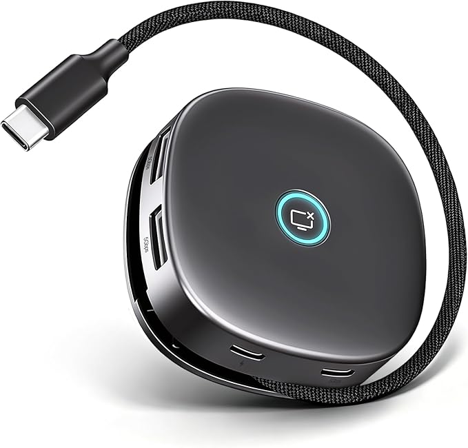 7-in-1 Compact Magnetic USB C Hub with One-Touch Display Off, 4K@60Hz HDMI, 100W PD, 2 USB-A & 1 USB-C 5Gbps, SD/TF Card Reader, Built-in Cable Storage for MacBook, Laptop, Meeting and Travel
