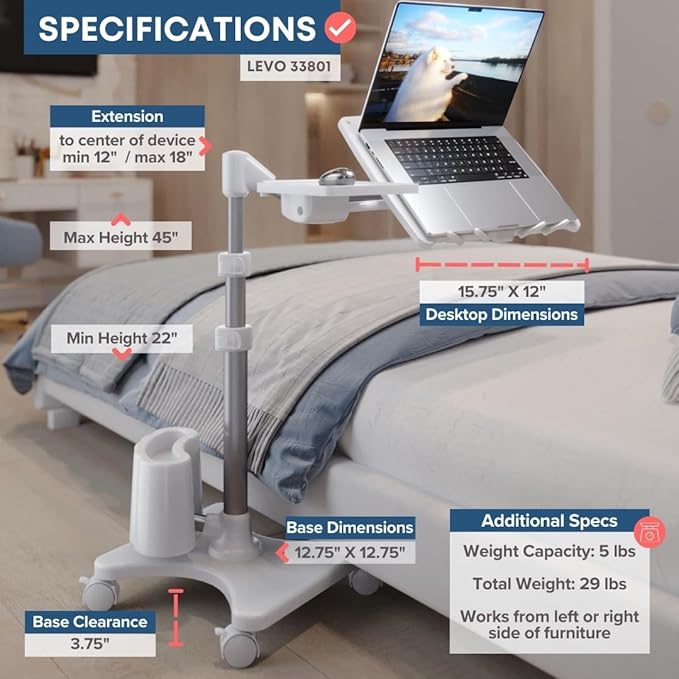 LEVO G2 Deluxe Adjustable Laptop Stand ??Rolling Computer Desk & Ergonomic Table for Bed, Sofa, or Office ??Portable Mobile Workstation with Tilt ??Fits Devices up to 16??- Silver & White