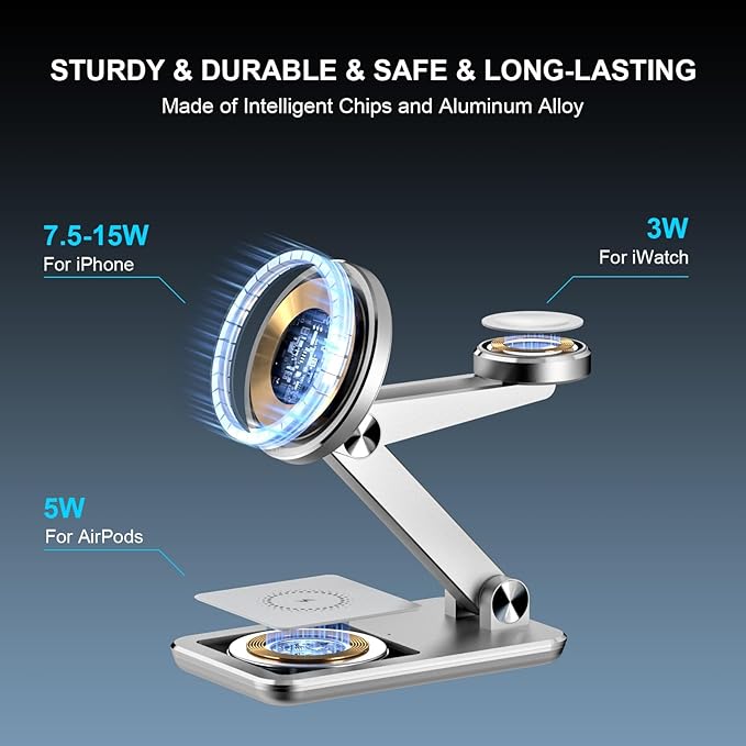 Wireless Charger 3 in 1,Foldable Wireless Charging Station for Apple MagSafe Charger,Aluminum Portable Magnetic Travel Charger Stand for iPhone,Watch,Aipods (with 20W Adapter & Case)