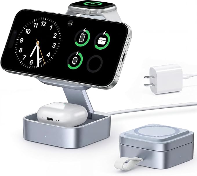 3 in 1 Wireless Charging Station for Apple Devices, Magnetic Foldable Travel Fast Charger Stand Compatible with MagSafe for iPhone Air/17/16/15/14/13/12 Series, Apple Watch & AirPods Pro/4/3/2-Blue