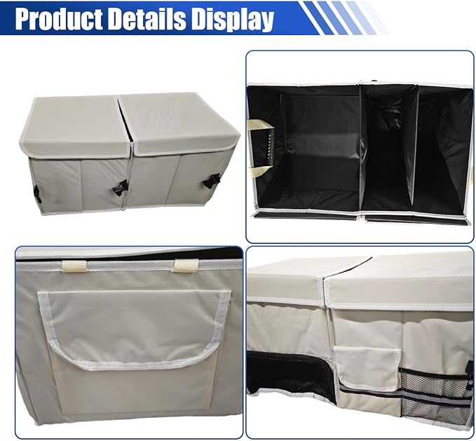 Car Trunk Organizer, Collapsible Multi Compartment Cargo Storage Box with Lid & Reinforced Handles, Adjustable Waterproof Vehicle Storage Organizer Accessories for Car SUV Truck (Beige)