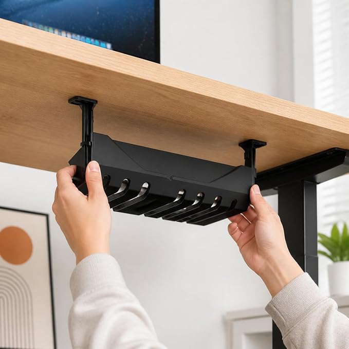 Wire Management Box, Under Desk Wire Management Cord Organizer, Home Office Wire Organizer, Hide Power Strip Screw-in, Black
