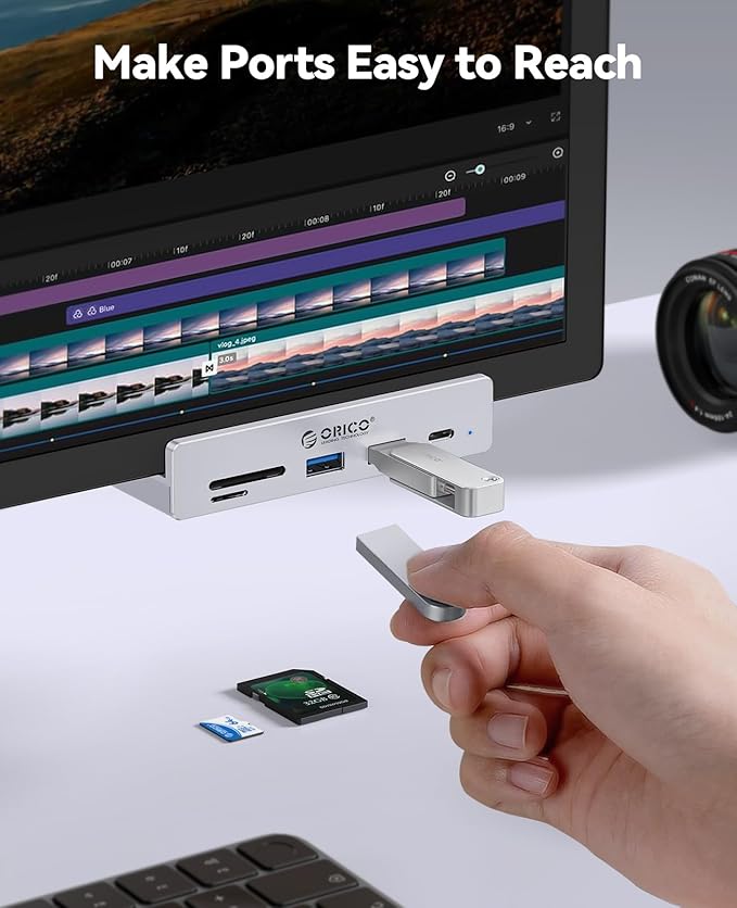ORICO USB Hub 3.2, USB-Hub Clamp with Type-C PD 60W Port, 10Gbps Aluminum 6-Port USB Extender with 2 USB-A 3.2 Ports, USB-C 3.2, SD/TF Card Reader 3.0, AUX, USB-3.2 Splitter for Monitor, Desk