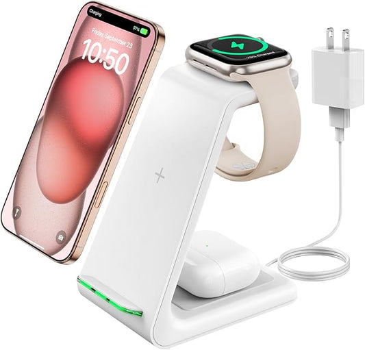 GEEKERA 3 in 1 Wireless Charging Station for Apple, Fast Wireless Charger Stand Dock for iPhone 17 16 15 14 13 12 11 Pro Max Plus XR XS X, Apple Watch Ultra/11/10/9/SE/8/7/6/5/4/3/2, AirPods Pro/4/3/2