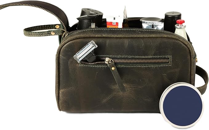 KomalC Leather Toiletry Bag for Men & Women – Handcrafted Travel Grooming Kit with Water-Resistant Lining and Secure Zipper Closure