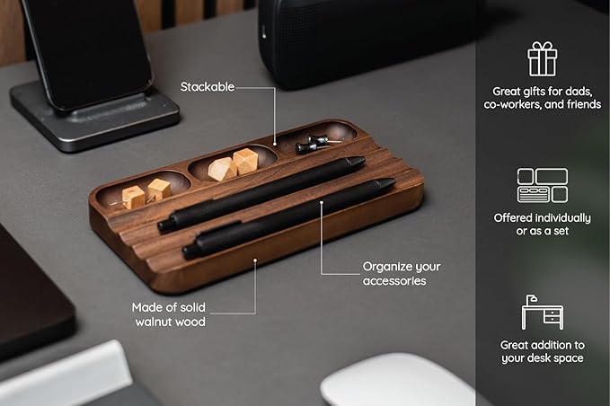 Horizontal Pen Holder,Acacia Wood Pen Tray,Desktop Pen Display,Walnut Desk Tray,Paperclip Headphones Eraser Office Stationery Storage,Brown