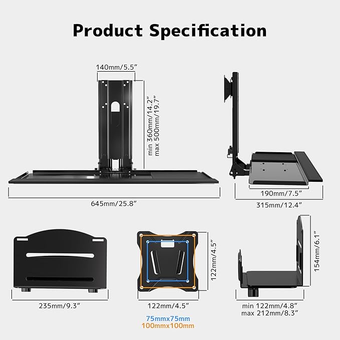 PUTORSEN Monitor and Keyboard Wall Mount with CPU Holder for 32" Monitors (55 lbs Max), Keyboard Tray (4.4 lbs Load) & CPU Holder (22 lbs Capacity) - Height Adjustable, with Mouse Pad, VESA75/100
