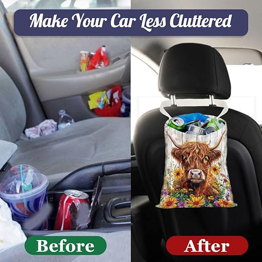 Highland Cattle Car Trash Bag Flowers Waterproof Hanging Garbage Bag with Snap Buttons Car Back Seat Trash Storage Portable Dustbin Vehicle Rubbish Bags for Kitchen Home Travel Camping