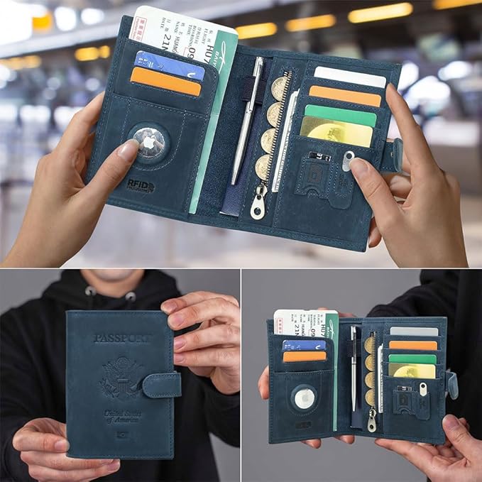 CONTACTS Full Grain Leather Passport Holder Compatible with Airtag RFID Blocking Passport Wallet Travel Slim Passport Cover with SIM Card Removal Tool (Bagde, Blue)