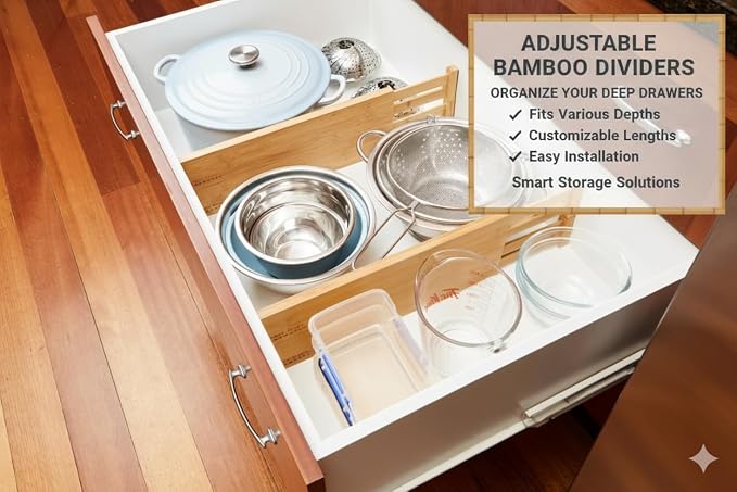 Bamboo Kitchen Drawer Organizer Divider Stackable for Deep Drawers. (Set-of- 4) Spring Loaded Dividers that are Expandable & Adjustable. Kitchen Organizer.