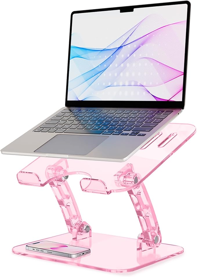 Pink Acrylic Adjustable Laptop Stand,Adjustable Height Foldable Laptop Riser for Desk, Clear Portable Laptop Holder Ergonomic Computer Stand,Compatible with 10-17.3??Laptops (Pink)