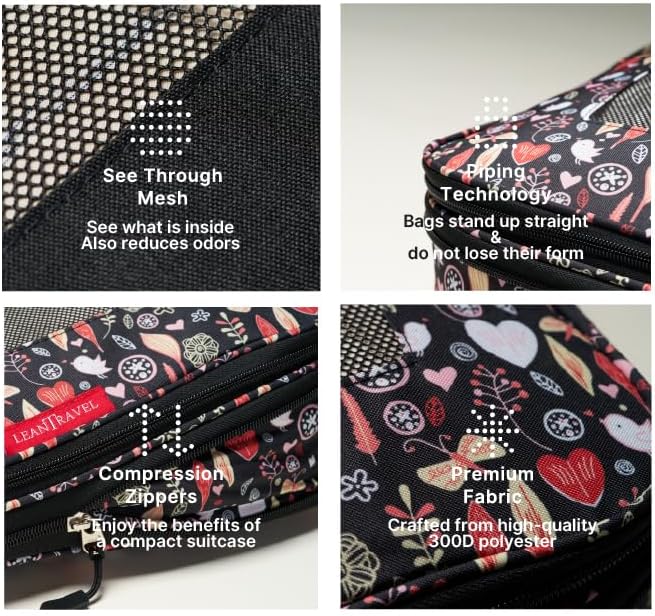 LeanTravel Premium Compression Packing Cubes for Travel - Suitcase Organizer Bags with Double Zipper & Breathable Mesh Panel - Space Saving Carry On Luggage Essentials (6-Pack, Flowers)