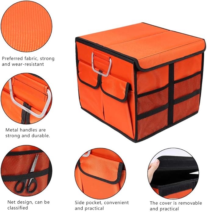 Car Trunk Organizer Collapsible Portable Multi Compartments Organizer with Non Slip Straps for SUV Truck Auto Vehicle Car Auto Minivan(Small covered, Orange)