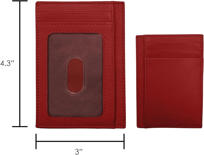 ili New York Genuine Leather Slim RFID Card Holder for Men - 7 Slots, Clear ID Window with Thumb Slide, Compact 4.5" x 3", Minimalist Credit Card Holder for Front or Back Pocket - Red