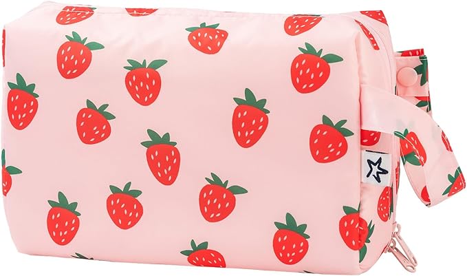 Tiny Twinkle Waterproof Travel Toiletry & Makeup Bag Organizer | Makeup Pouch with Multiple Compartments & Snap Handle for Travel | Gift for Teen Girls and Women (Strawberries)