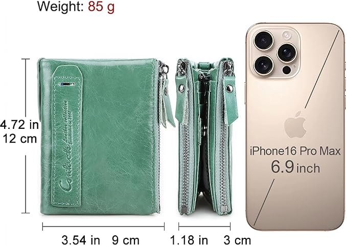 CONTACTS Soft Leather Wallet for Women Small Bifold Coin Purse Double Zipper Card Holder with RFID Blocking (Teal Green)