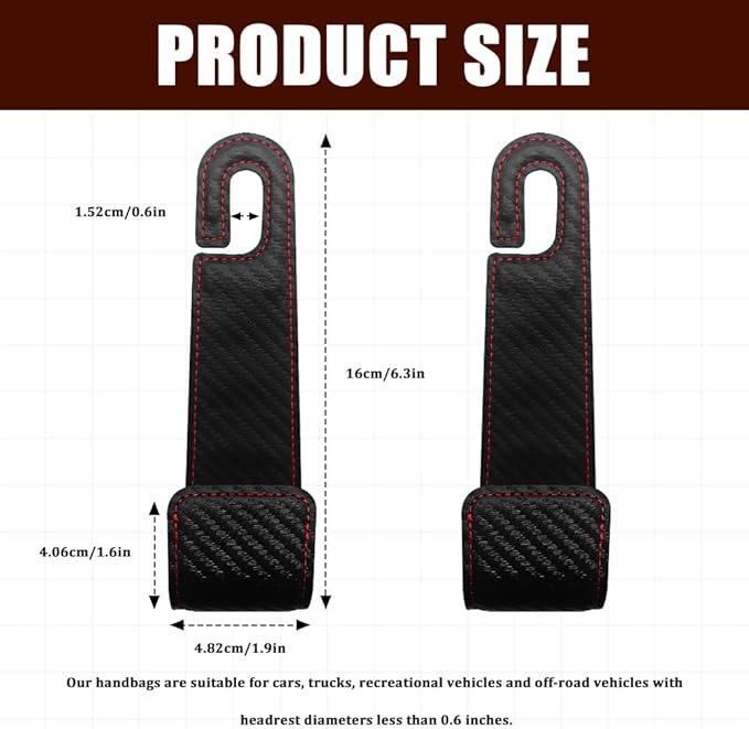 2PCS Car Seat Headrest Hooks, Purse Hook for Car, Automotive Headrest Handbags Holder, Auto Accessories Leather Seatback Organizer Hanger for Hanging Purses Bags Coats (Carbon Fiber, 1PCS)