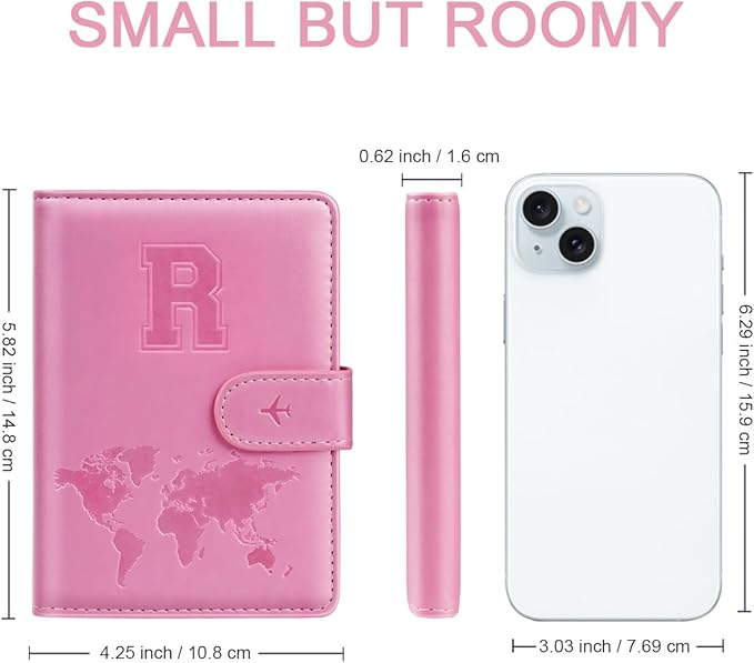 Passport Holder Cover Initail Letter A-Z Travel Wallet Embossed Design RFID Blocking Card Holder Personalized Gift Passport Cover Wallet, Passport Book Holders for Women and Girls, Pink-R
