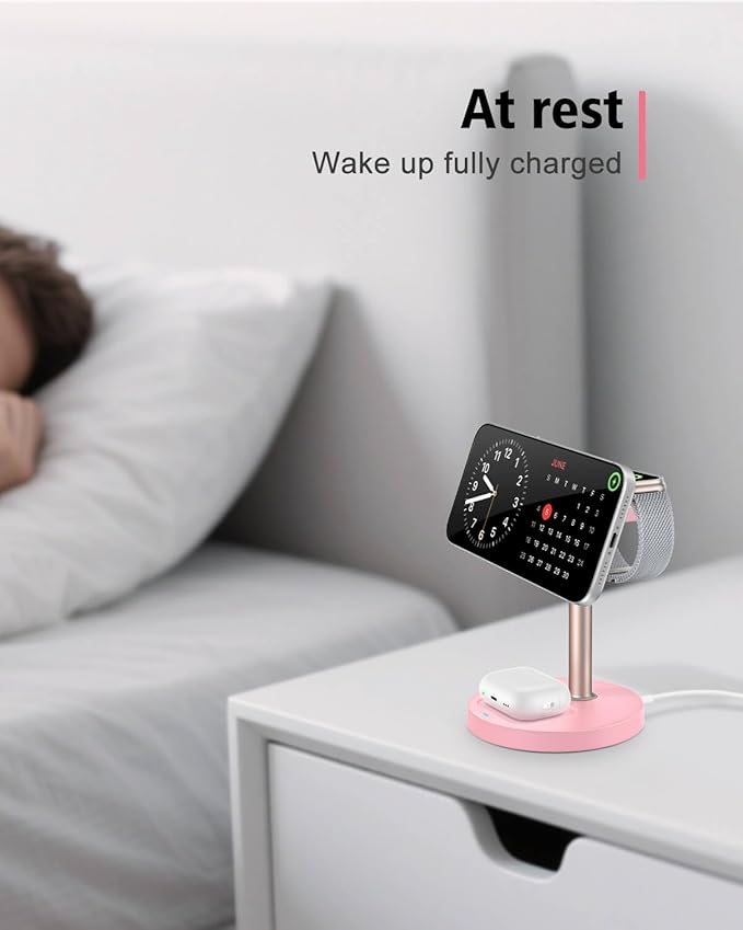 3 in 1 Magnetic Wireless Charging Station, 15W Fast Charger Stand for iPhone, Phone Charger Stand for Desk Nightstand, for iPhone 17/16/15/14/13/12, Apple Watch & AirPods, Adapter Not Included -Pink