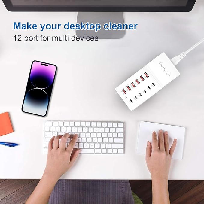 USB Charging Station 50w10A 12 Ports Multiple Charging Block, USB C Strip for iPhone 13/14/15/16/17/Smartphone/Tablet/Watch/Headphones and Multiple Charger Plug