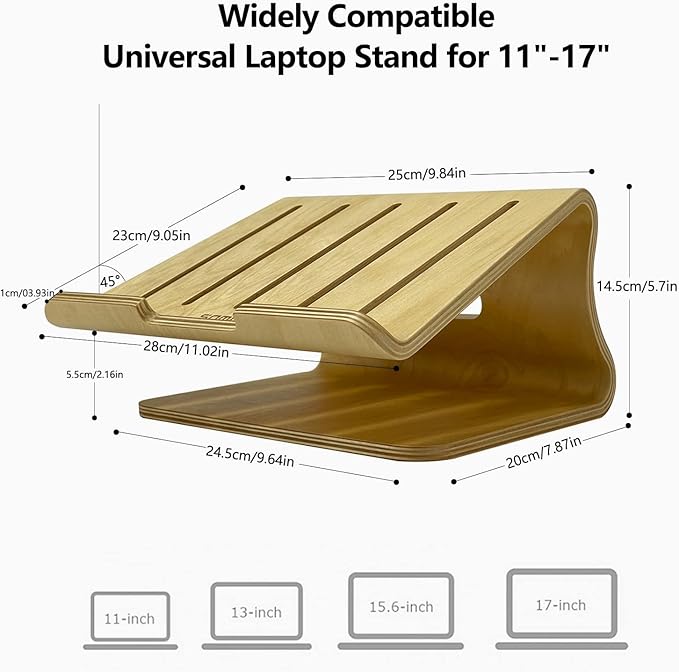 SAMDI Wood Laptop Stand, White Birch, Ergonomic Design for Most Laptops Heat Dissipation, Cord Management, Suitable for Desk or Tabletop (2020-02)