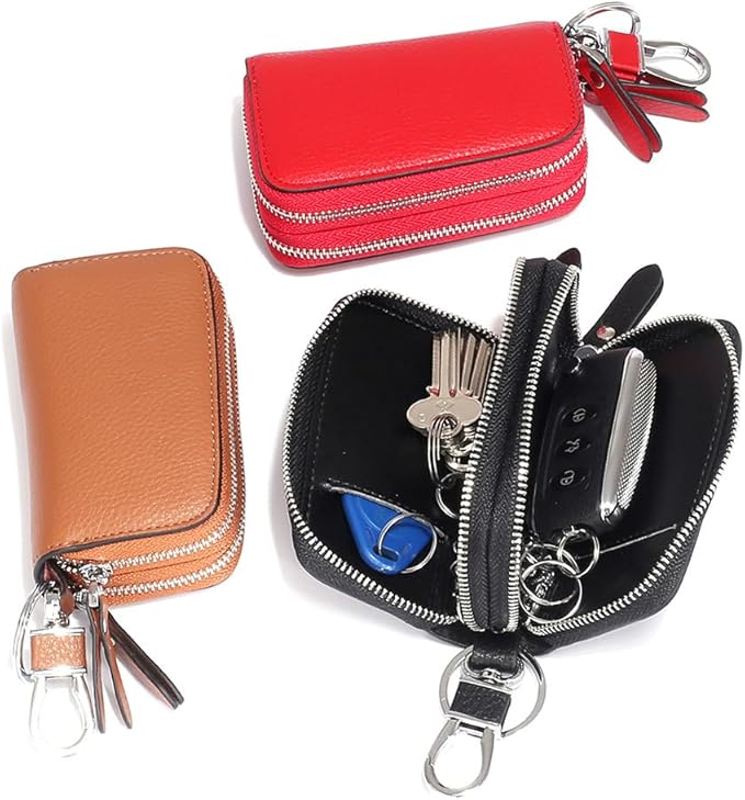 Key Fob Case Genuine Leather, Double Zipper Car Key Holder & Key Wallet with Keychain, Key Pouch for Purse Gift