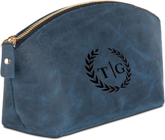 Premium Personalized Genuine Leather Cosmetic Makeup Bag - Wedding Gift for Bridesmaid, Travel Organizer Clutch for Women with Zipper Pouch for Toiletry Essentials (Navy Blue)