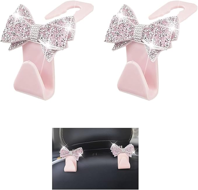 2 PCS Bling Bow Car Headrest Hook, S Type PVC Seat Back Hanger for Purses Bags Grocery, Sparkling Rhinestone Car Seat Hook Storage Decor, Universal for Most Vehicles (Pink)