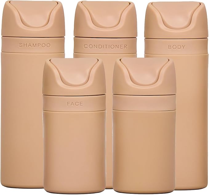 RIES Essential Refillable Toiletry Travel Bottles – Set of 5 (3.4oz & 1.7oz) Airless Pump Containers for Shampoo, Conditioner, Body, Face – Leak-Proof, TSA-Approved, Dishwasher Safe - Sand