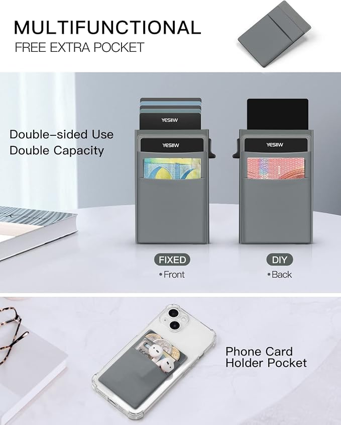 YESIIW Auto Pop up Credit Card Holder with Money Pocket Minimalist Business Card Wallet RFID Blocking for Men Smart Slim Aluminum Metal Debit Card Case Gifts For Dad Fathers | Space Grey