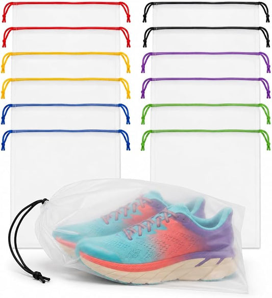 Shoe Bags for Travel, 12 Pack Clear Drawstring Organizers, Waterproof PE Plastic Pouches for Packing Shoes, Toiletries, Cosmetics, Gym Clothes, Wet Swimsuits