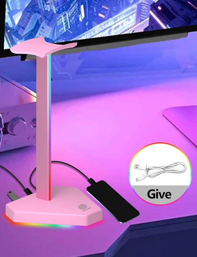 RGB Headphones Stand with 1 USB-C Data Transmission& 3 Type-C Charging Port, Desk Gaming Headset Holder with 7 Light Modes and Non-Slip Rubber Base (Pink)