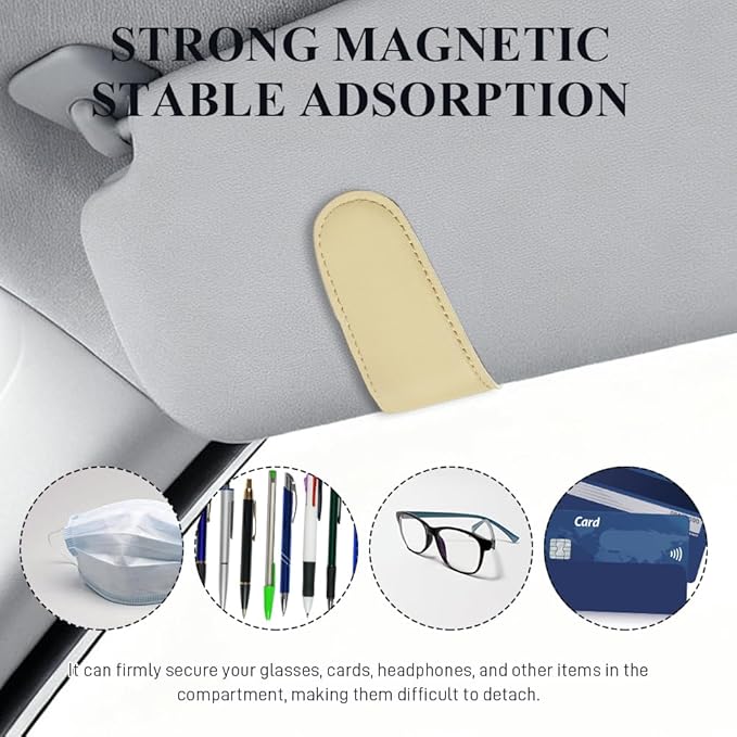 Magnetic Sunglass Holder for Car Visor, Sunglasses Visor Clip, Magnetic Leather Vehicle Glasses Ticket Card Clip, Automotive Eyeglass Hanger Organizer Accessories for Most Vehicles (Beige)
