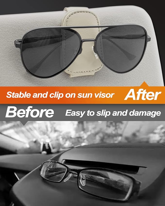 Sunglass Holder for Car, Magnetic Leather Eyeglass Hanger Sunglass Clip for Car Visor, Car Sunglass Holder Organizer Storage, Car Interior Accessories (1PCS, Beige)