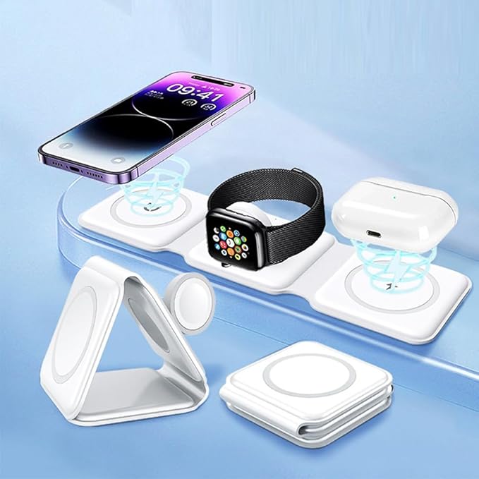 IHAO 3in1 Megnetic Attraction Wireless Charging Station Foldable Fast Charger for iPhone 15/14/13, iWatch & AirPods 15W Charging Stand with Strong Magnet Fold to Stand Multi-Device Safe Charging-White