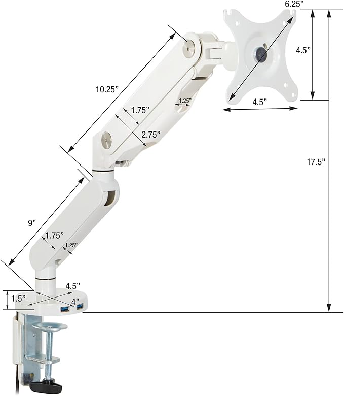 Office Star Ascend II Single Monitor Arms with Dual USB 3.0 Ports, 3-Point Rotation and VESA Mounting Bracket for 17-inch to 30-inch Monitors, White